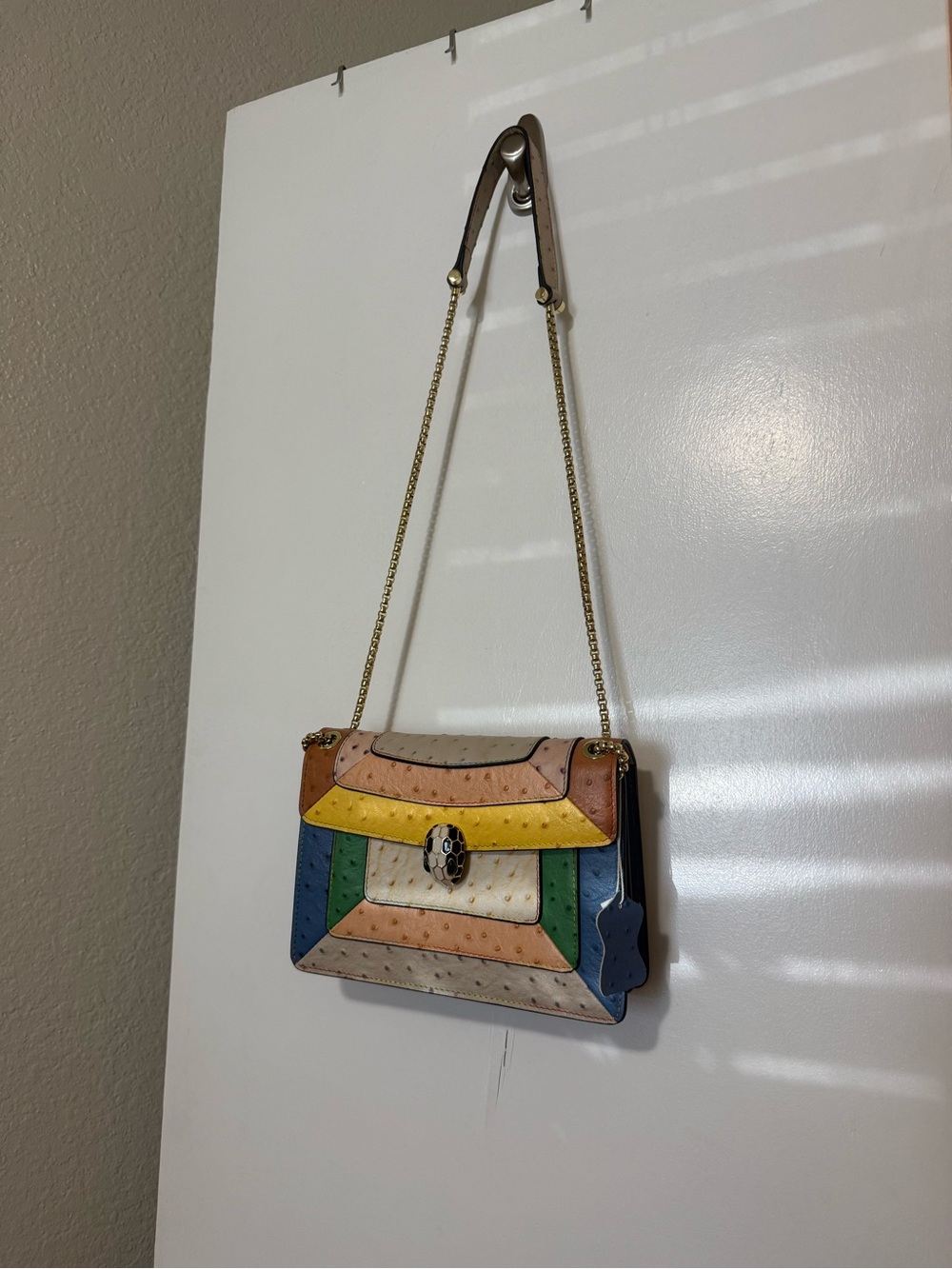 Multi-Color Patchwork Ostrich Leather Shoulder Bag with Gold Chain - Picture 2 of 8